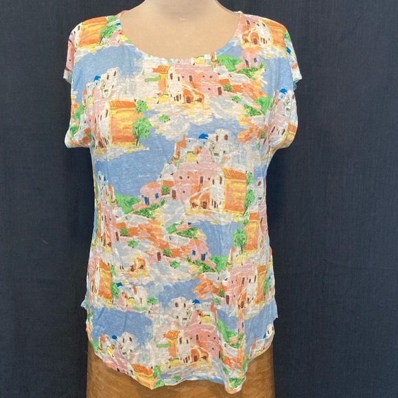 Cynthia Rowley 100% Linen Slub Knit Short Sleeve Top - Greek Island Print - Picture 1 of 9